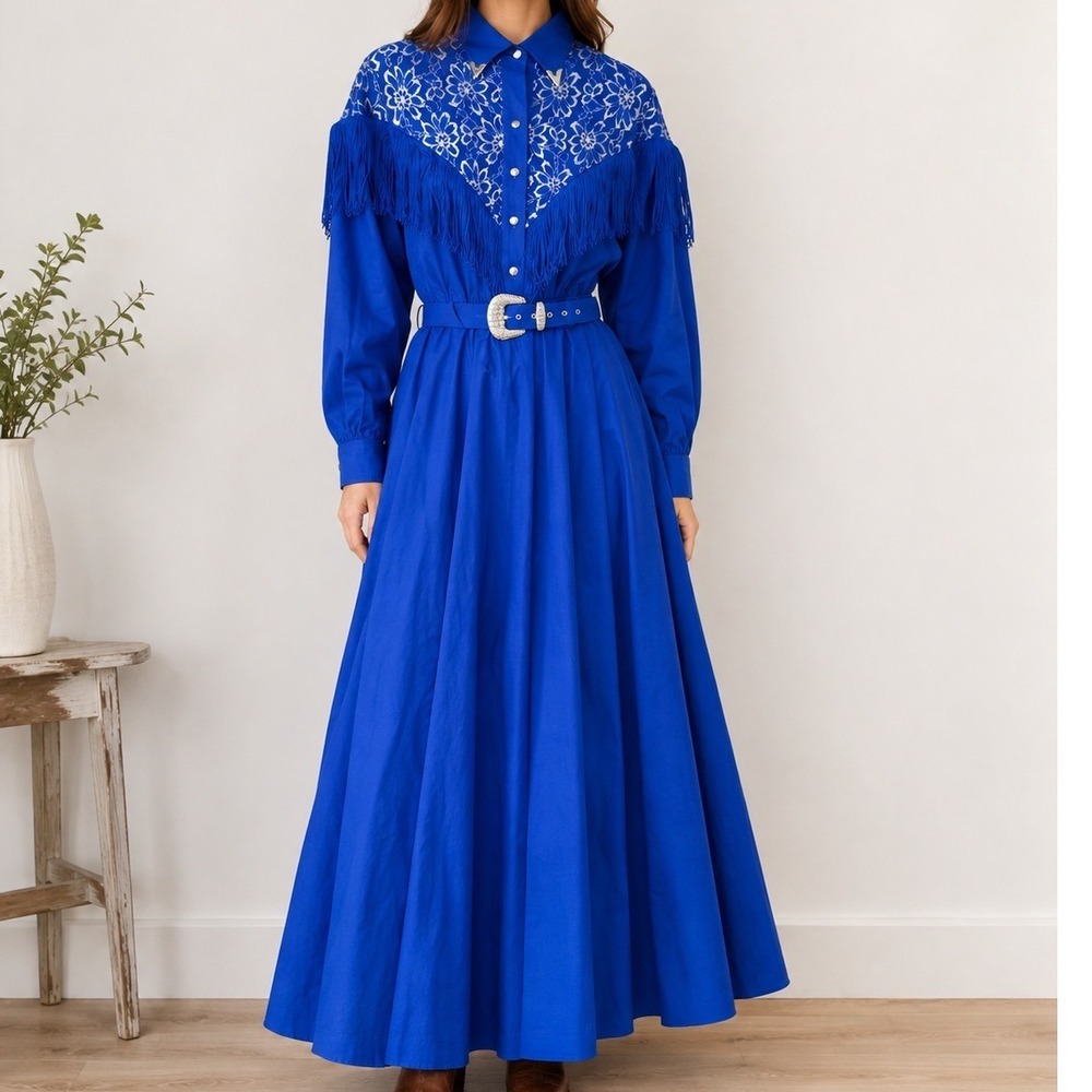 Lilia Smitty Vintage Western Dress Blue Silver Lace Fringe Belted cowgirl rodeo